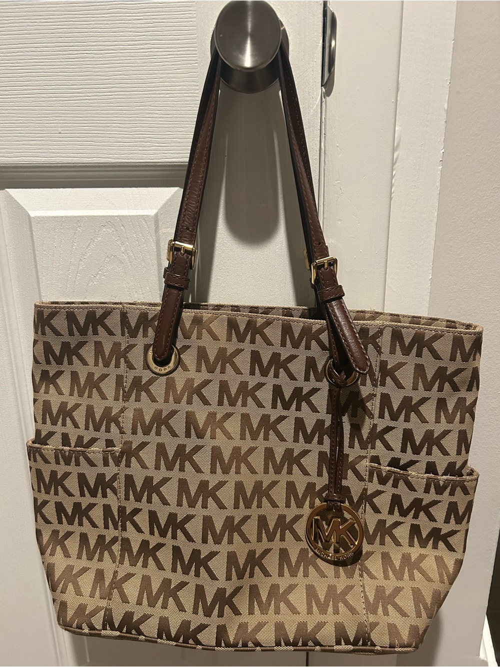 Michael Kors Tan/Brown MK Logo Canvas Tote with Gold Charm